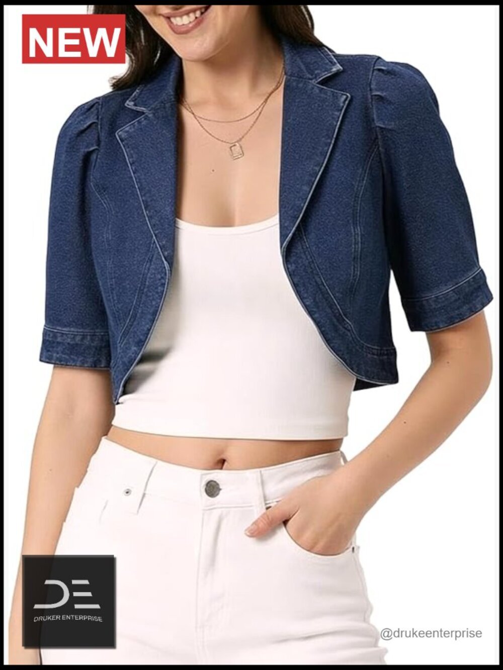 Cropped Denim Jacket Short Puff Sleeve Lapel Open Front Jean Jacket Summer